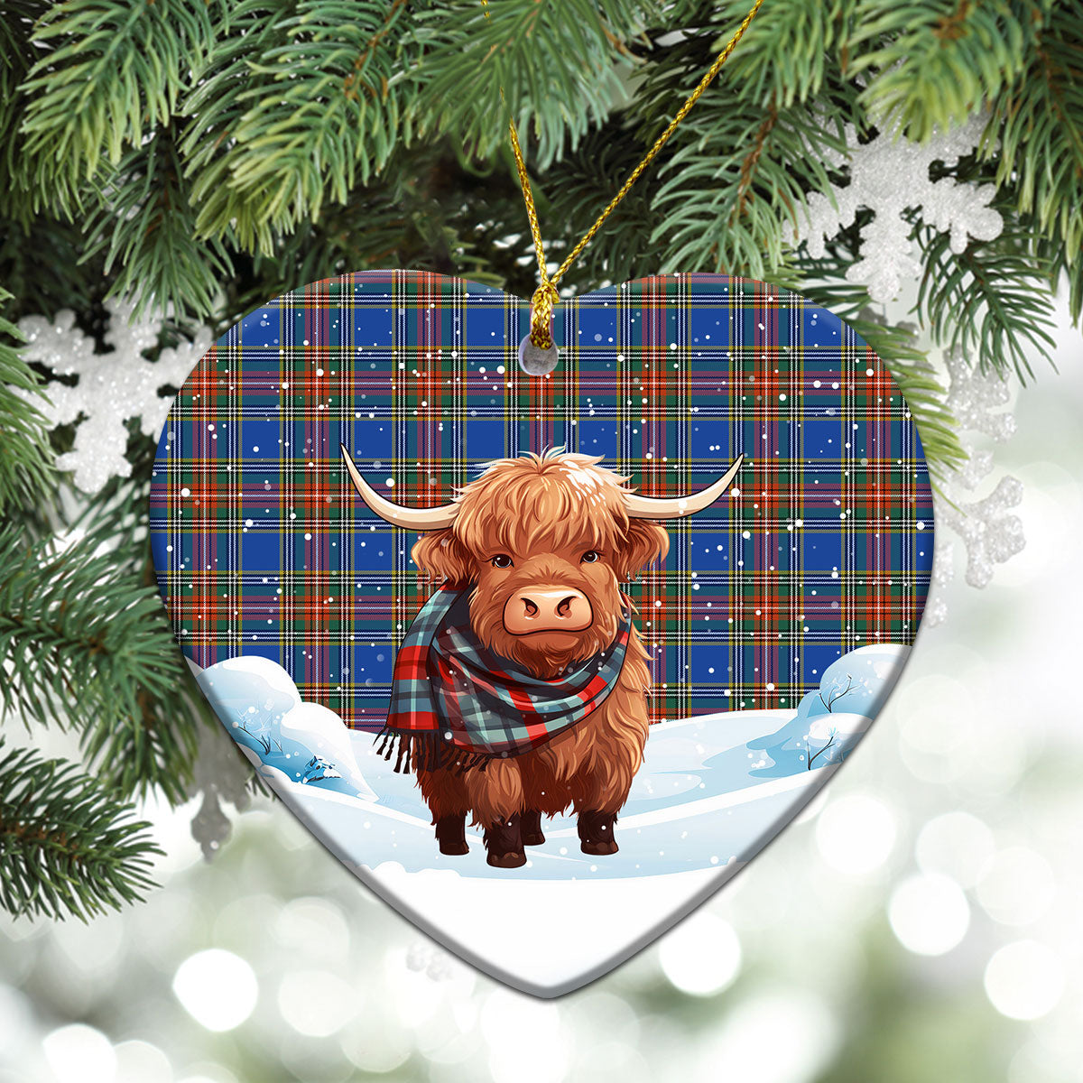 MacBeth Ancient Tartan Christmas Ceramic Ornament - Highland Cows Snow Style