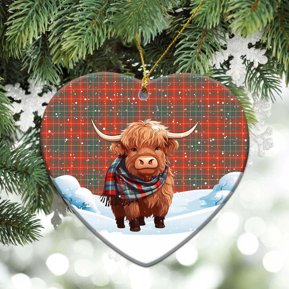 MacDougall Ancient Tartan Christmas Ceramic Ornament - Highland Cows Snow Style