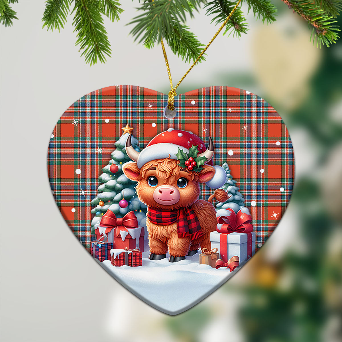 MacFarlane Ancient Tartan Christmas Ceramic Ornament - Highland Cow Winter Style