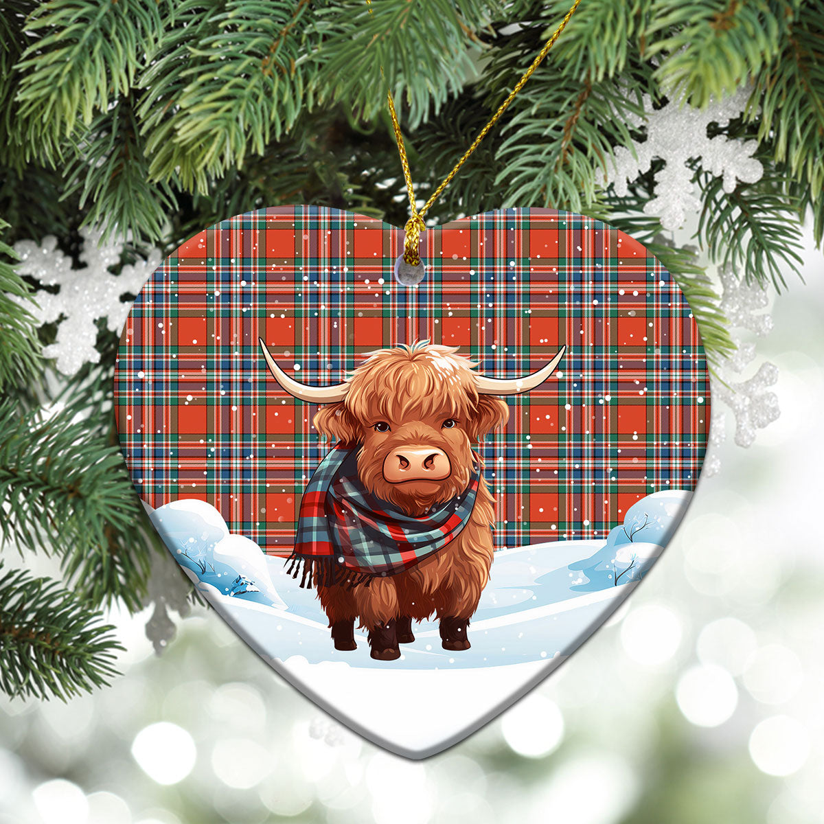 MacFarlane Ancient Tartan Christmas Ceramic Ornament - Highland Cows Snow Style