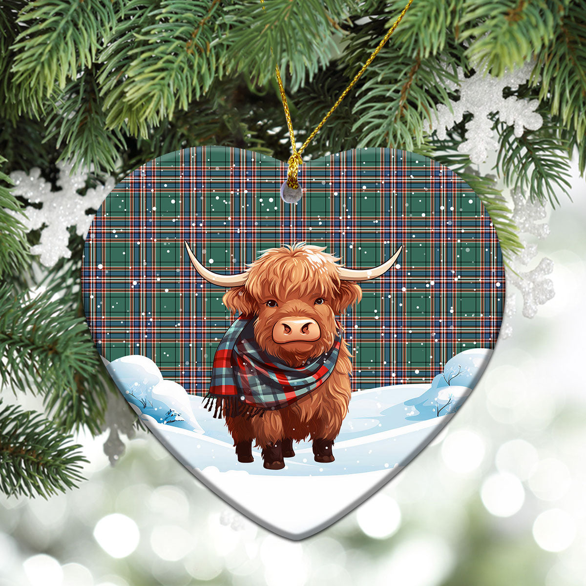 MacFarlane Hunting Ancient Tartan Christmas Ceramic Ornament - Highland Cows Snow Style