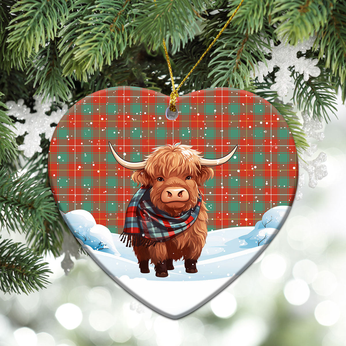 MacFie Ancient Tartan Christmas Ceramic Ornament - Highland Cows Snow Style