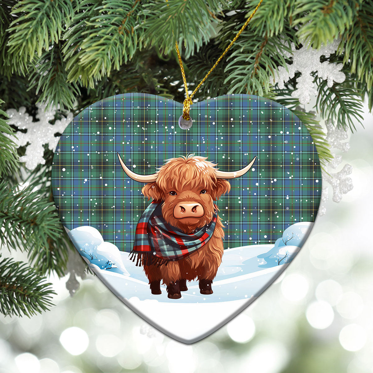 MacInnes Ancient Tartan Christmas Ceramic Ornament - Highland Cows Snow Style