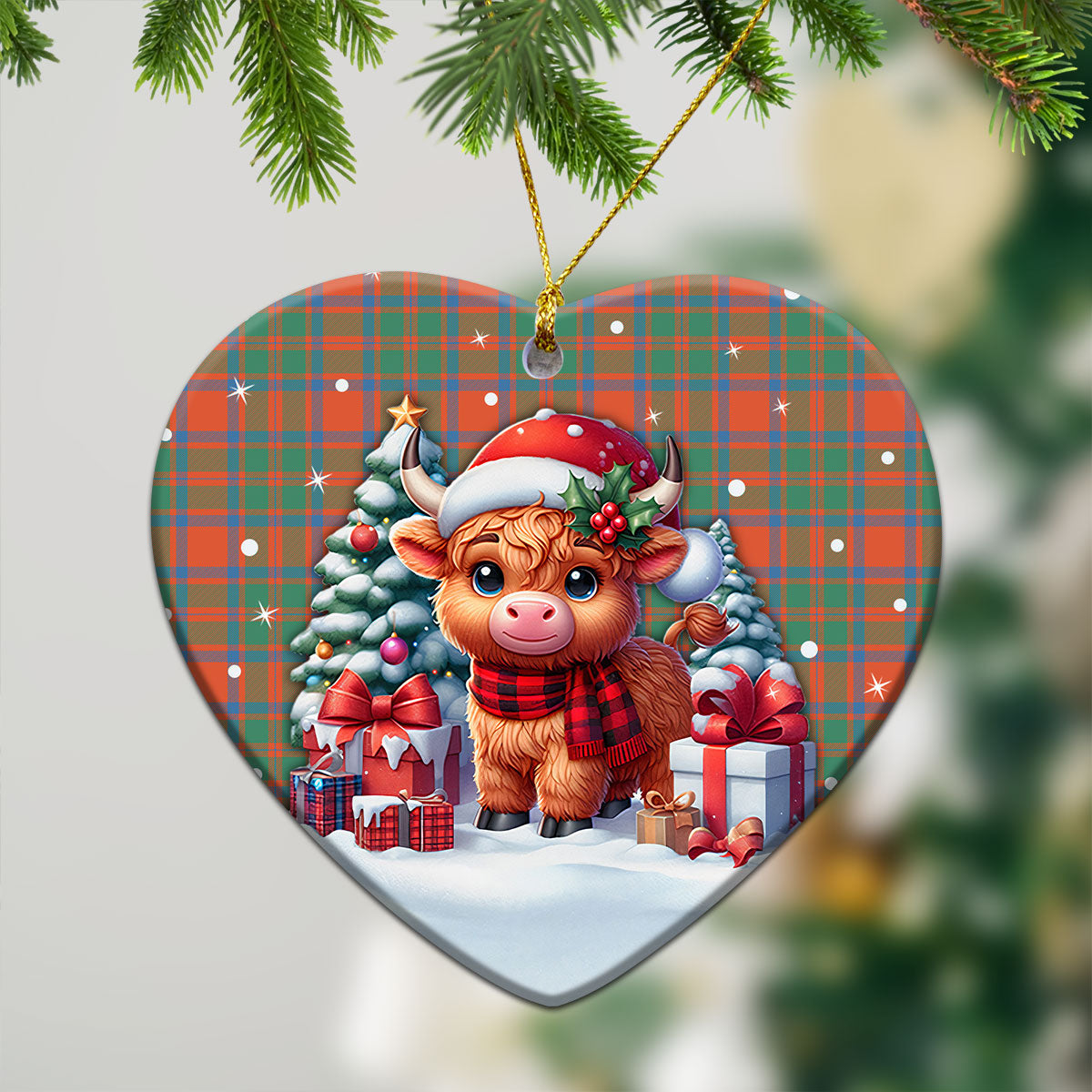 MacIntosh Ancient Tartan Christmas Ceramic Ornament - Highland Cow Winter Style