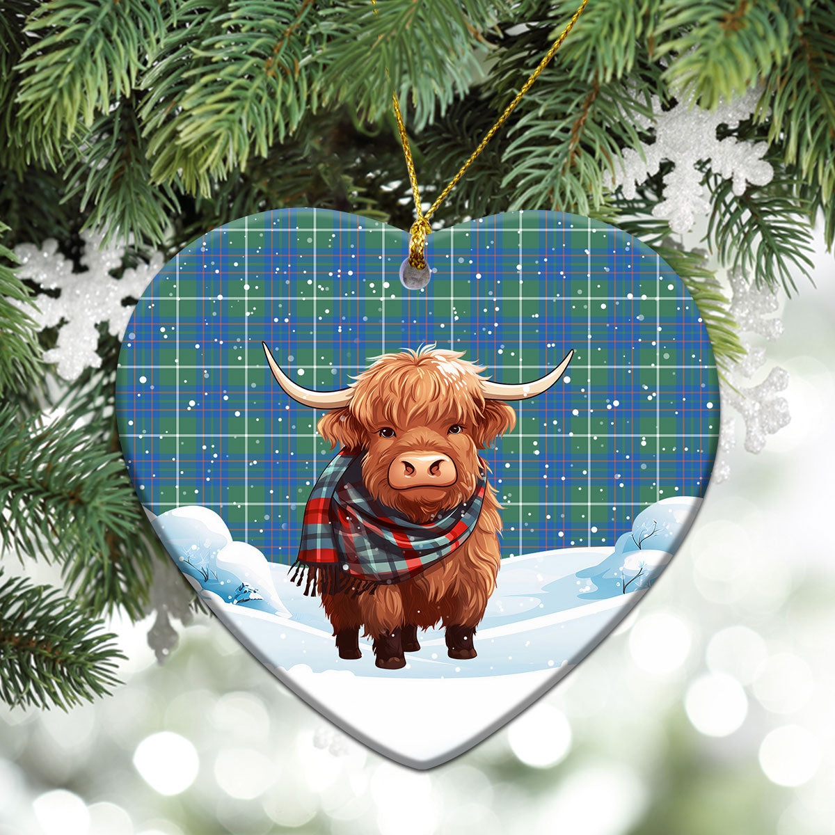 MacIntyre Hunting Ancient Tartan Christmas Ceramic Ornament - Highland Cows Snow Style