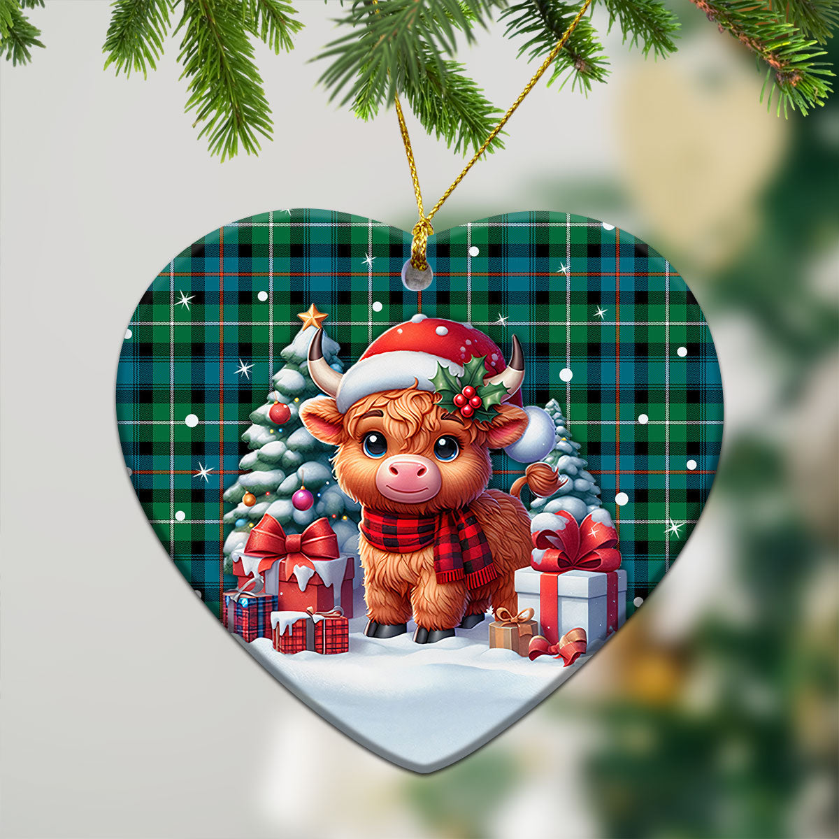 MacKenzie Ancient Tartan Christmas Ceramic Ornament - Highland Cow Winter Style