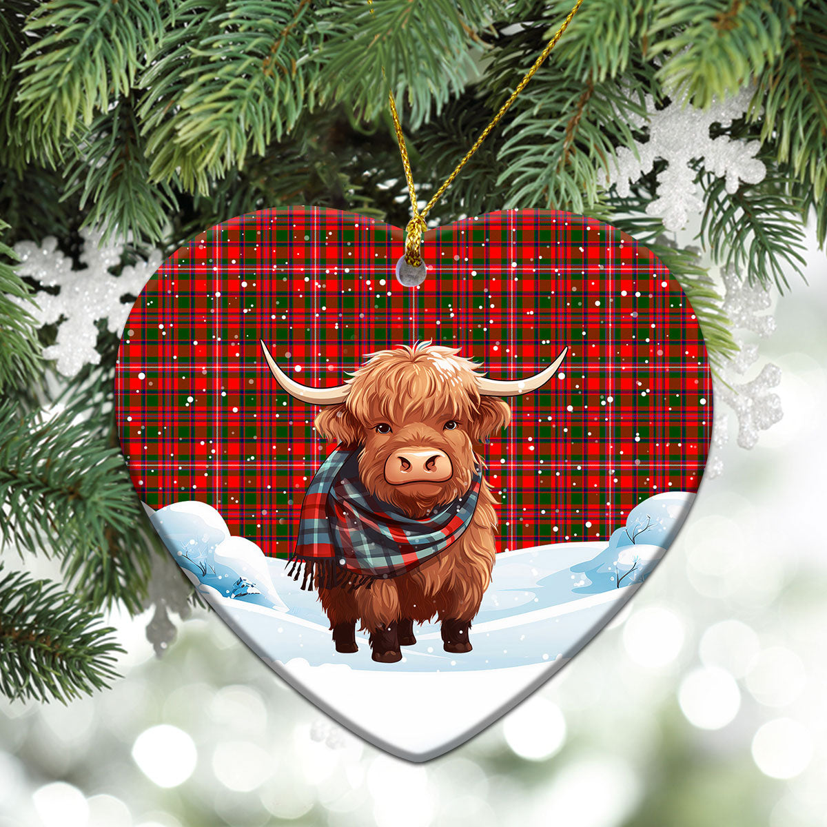 MacKinnon Modern Tartan Christmas Ceramic Ornament - Highland Cows Snow Style