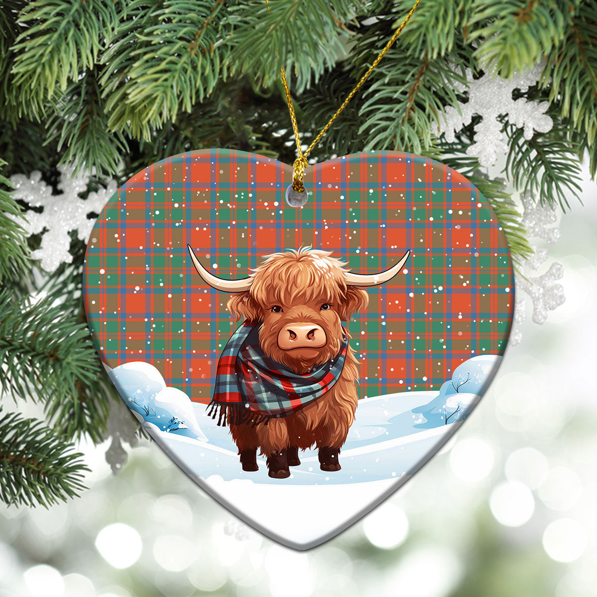 MacKintosh Ancient Tartan Christmas Ceramic Ornament - Highland Cows Snow Style