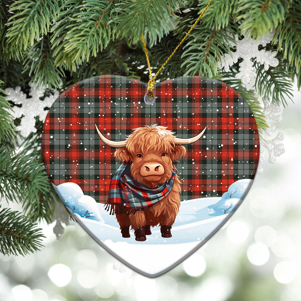 MacLachlan Weathered Tartan Christmas Ceramic Ornament - Highland Cows Snow Style