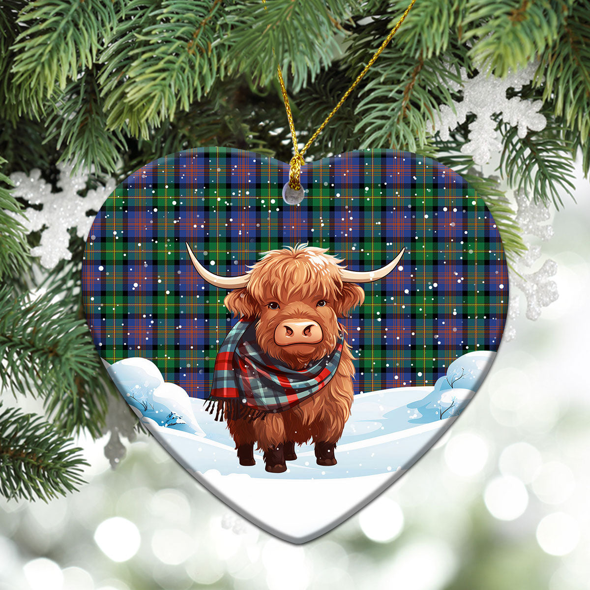 MacLennan Ancient Tartan Christmas Ceramic Ornament - Highland Cows Snow Style