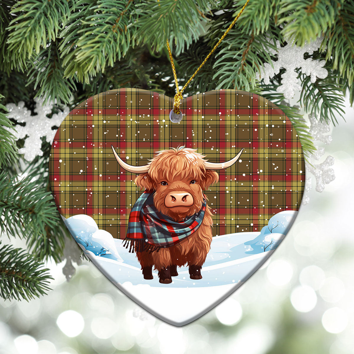 MacMillan Old Weathered Tartan Christmas Ceramic Ornament - Highland Cows Snow Style