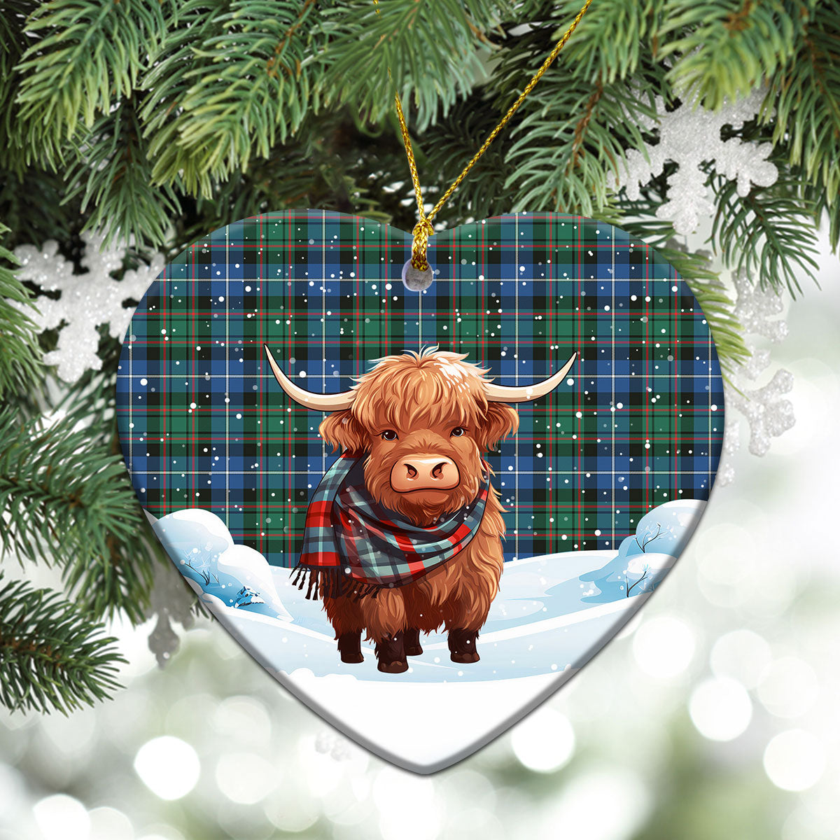 MacRae Hunting Ancient Tartan Christmas Ceramic Ornament - Highland Cows Snow Style