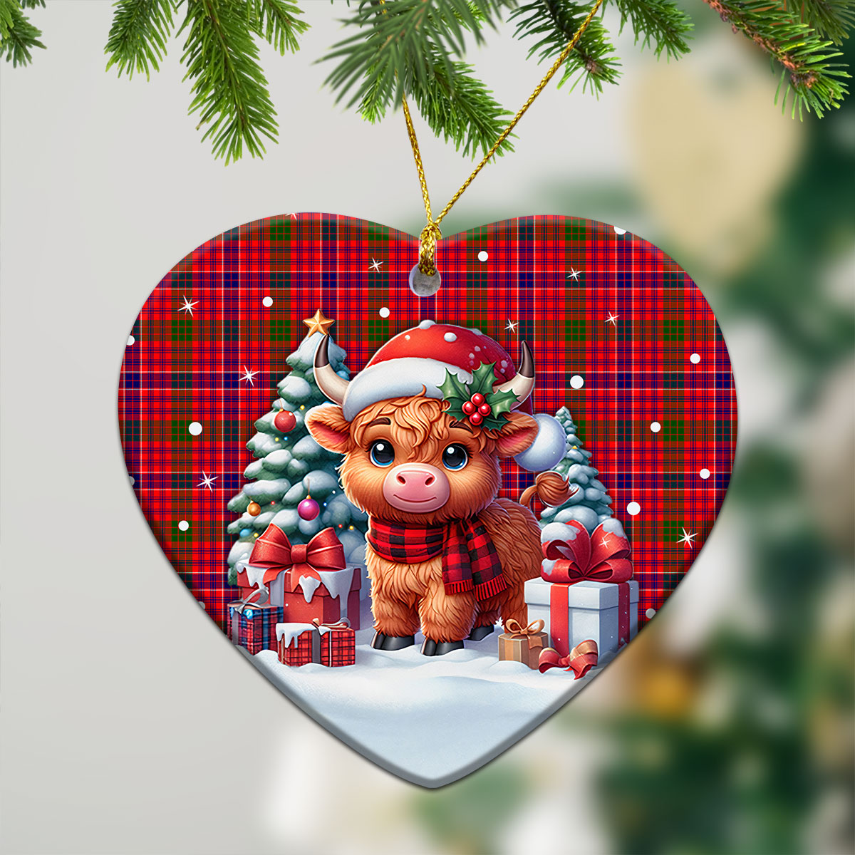 MacRae Modern Tartan Christmas Ceramic Ornament - Highland Cow Winter Style