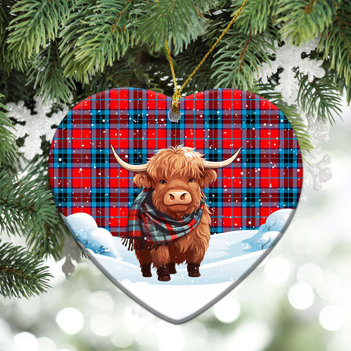 MacTavish Modern Tartan Christmas Ceramic Ornament - Highland Cows Snow Style