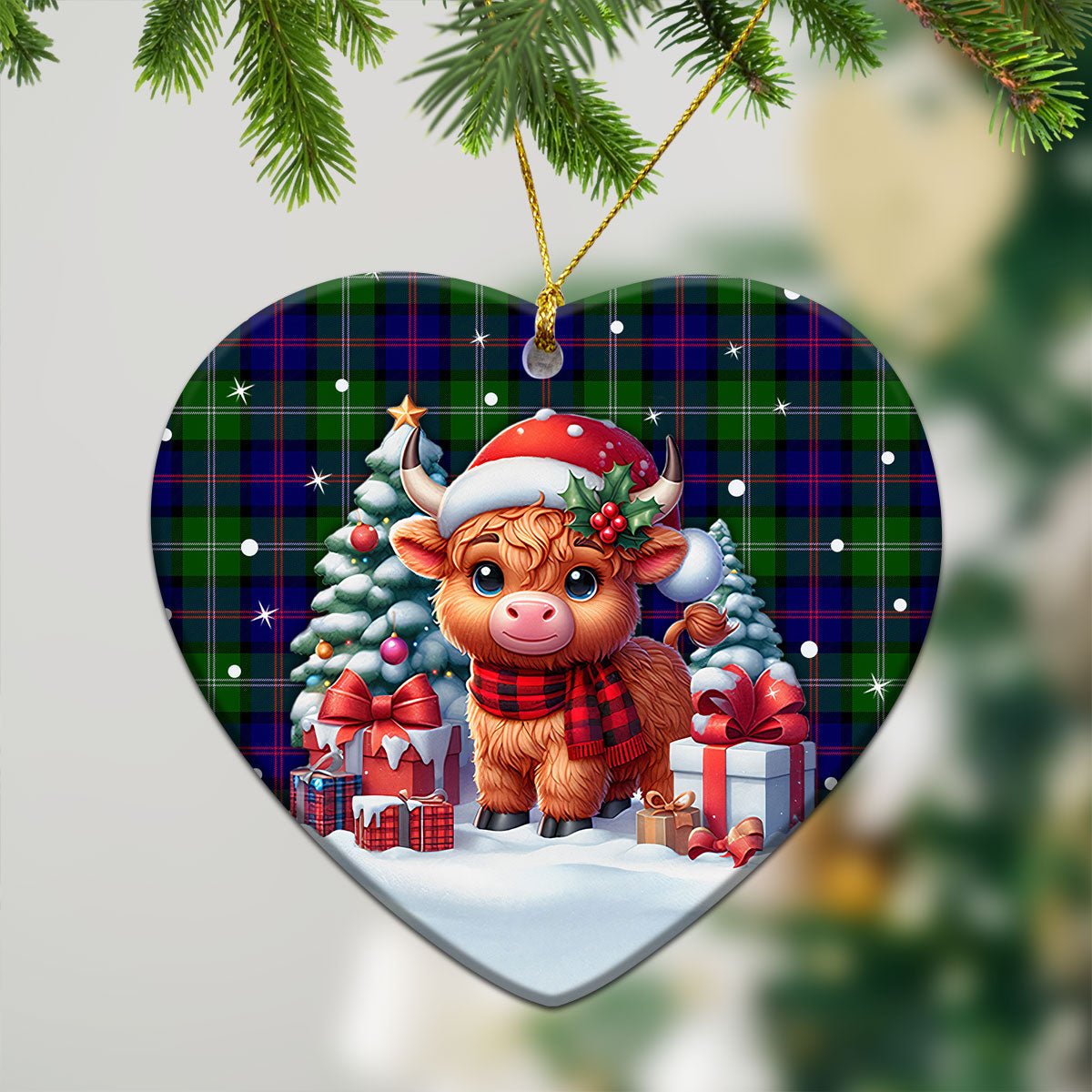 MacThomas Modern Tartan Christmas Ceramic Ornament - Highland Cow Winter Style