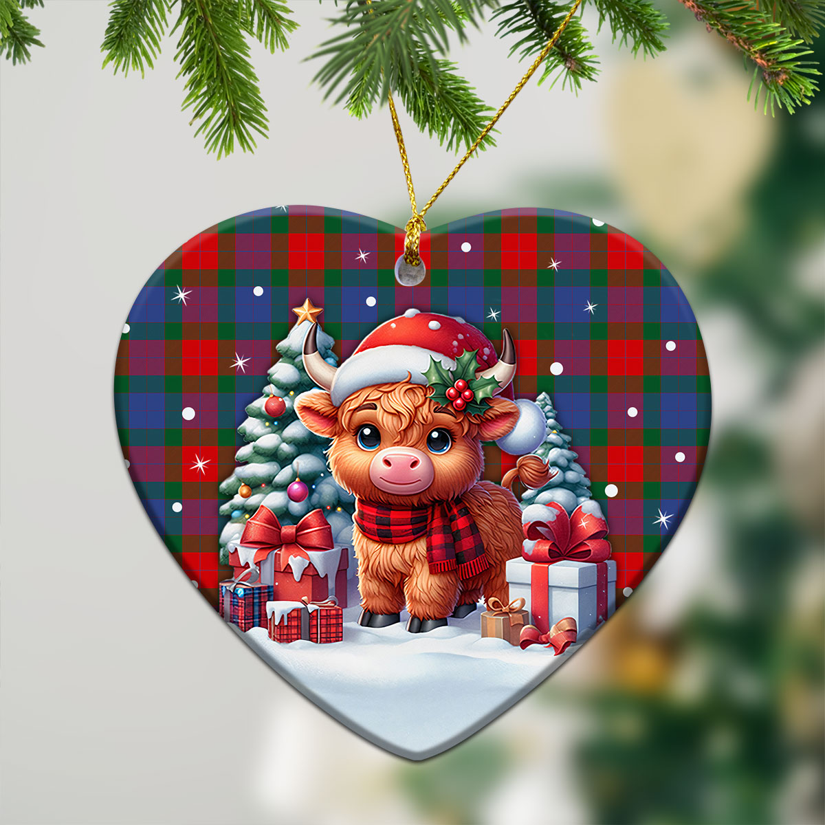 Mar Tartan Christmas Ceramic Ornament - Highland Cow Winter Style