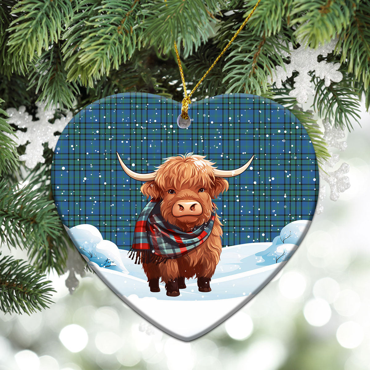 Matheson Hunting Ancient Tartan Christmas Ceramic Ornament - Highland Cows Snow Style