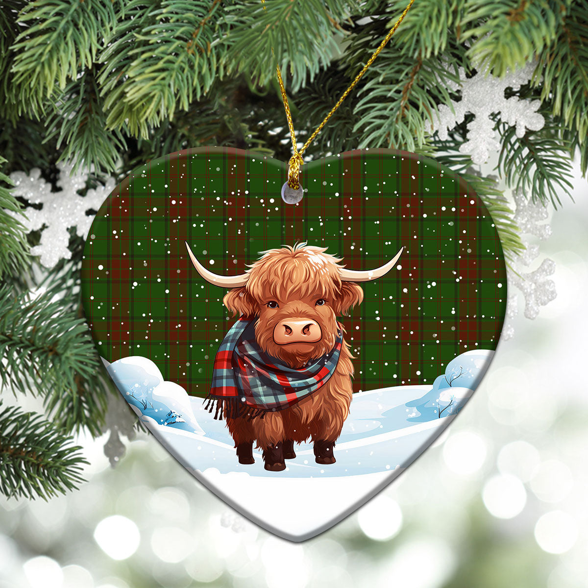 Maxwell Hunting Tartan Christmas Ceramic Ornament - Highland Cows Snow Style