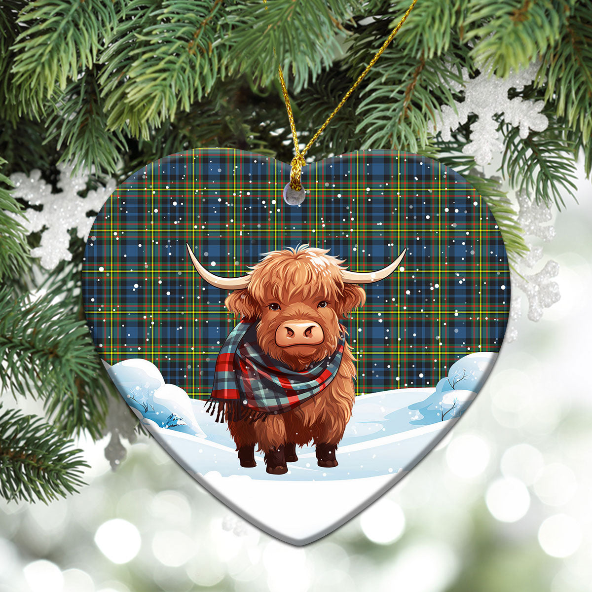 McClellan Ancient Tartan Christmas Ceramic Ornament - Highland Cows Snow Style