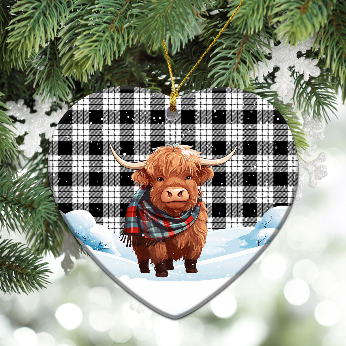 McFarlane Black _ White Tartan Christmas Ceramic Ornament - Highland Cows Snow Style