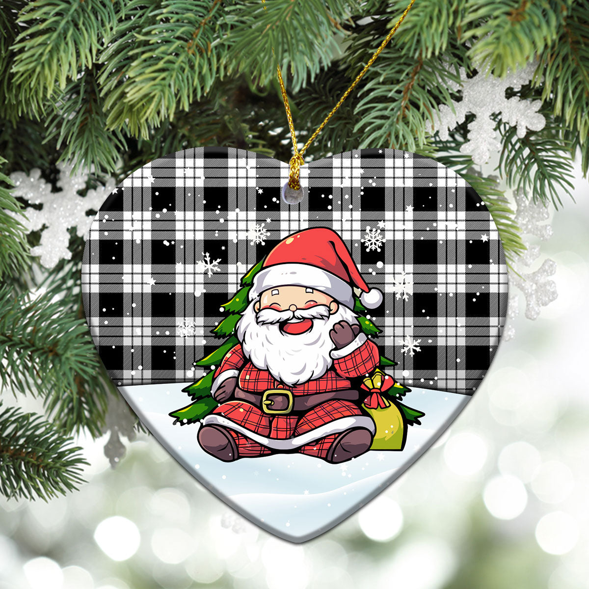 McFarlane Black _ White Tartan Christmas Ceramic Ornament - Scottish Santa Style