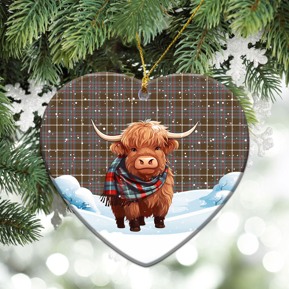 McIntyre Hunting Weathered Tartan Christmas Ceramic Ornament - Highland Cows Snow Style