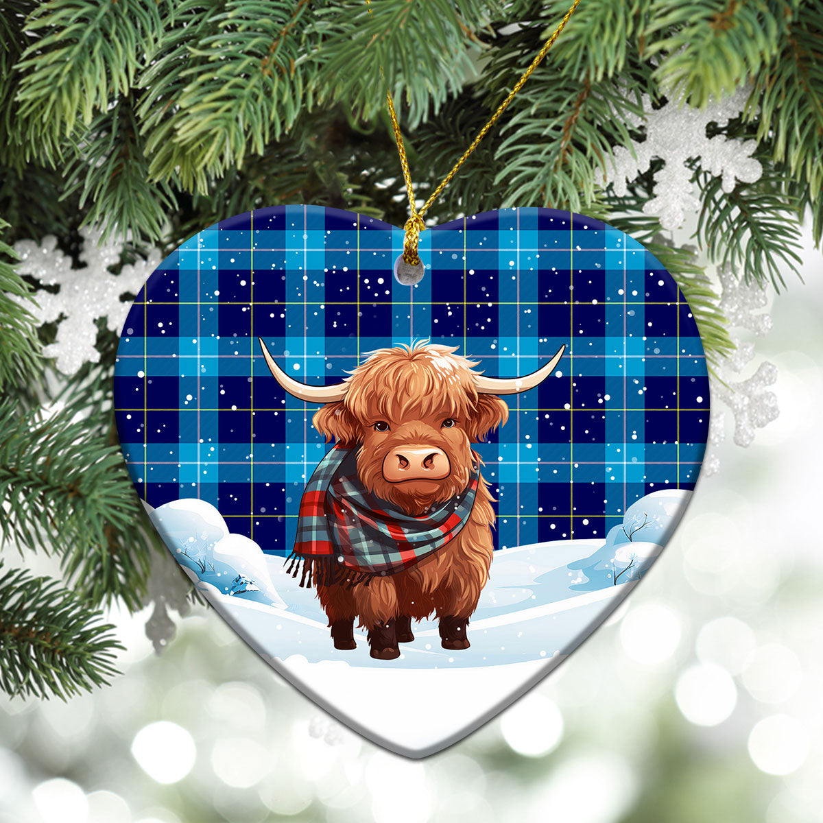 McKerrell Tartan Christmas Ceramic Ornament - Highland Cows Snow Style