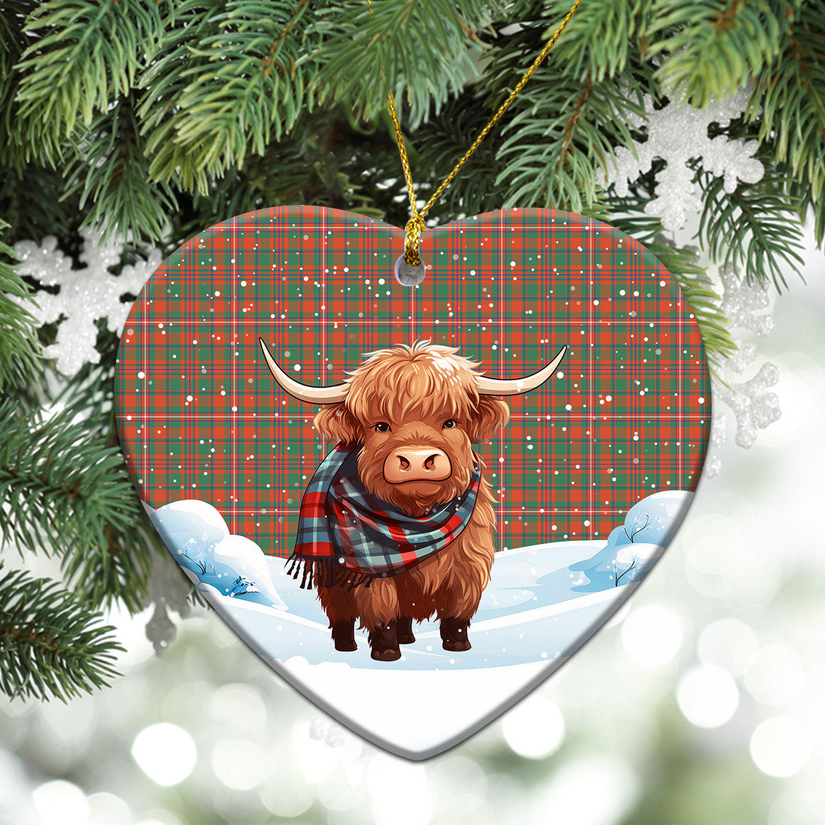 McKinnon Ancient Tartan Christmas Ceramic Ornament - Highland Cows Snow Style