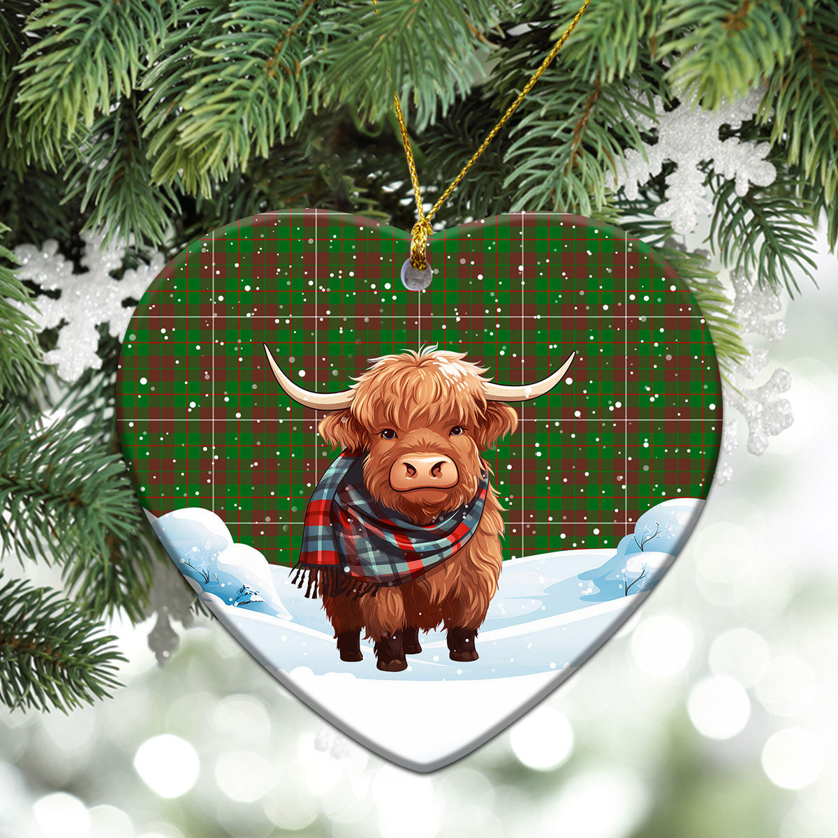 McKinnon Hunting Modern Tartan Christmas Ceramic Ornament - Highland Cows Snow Style