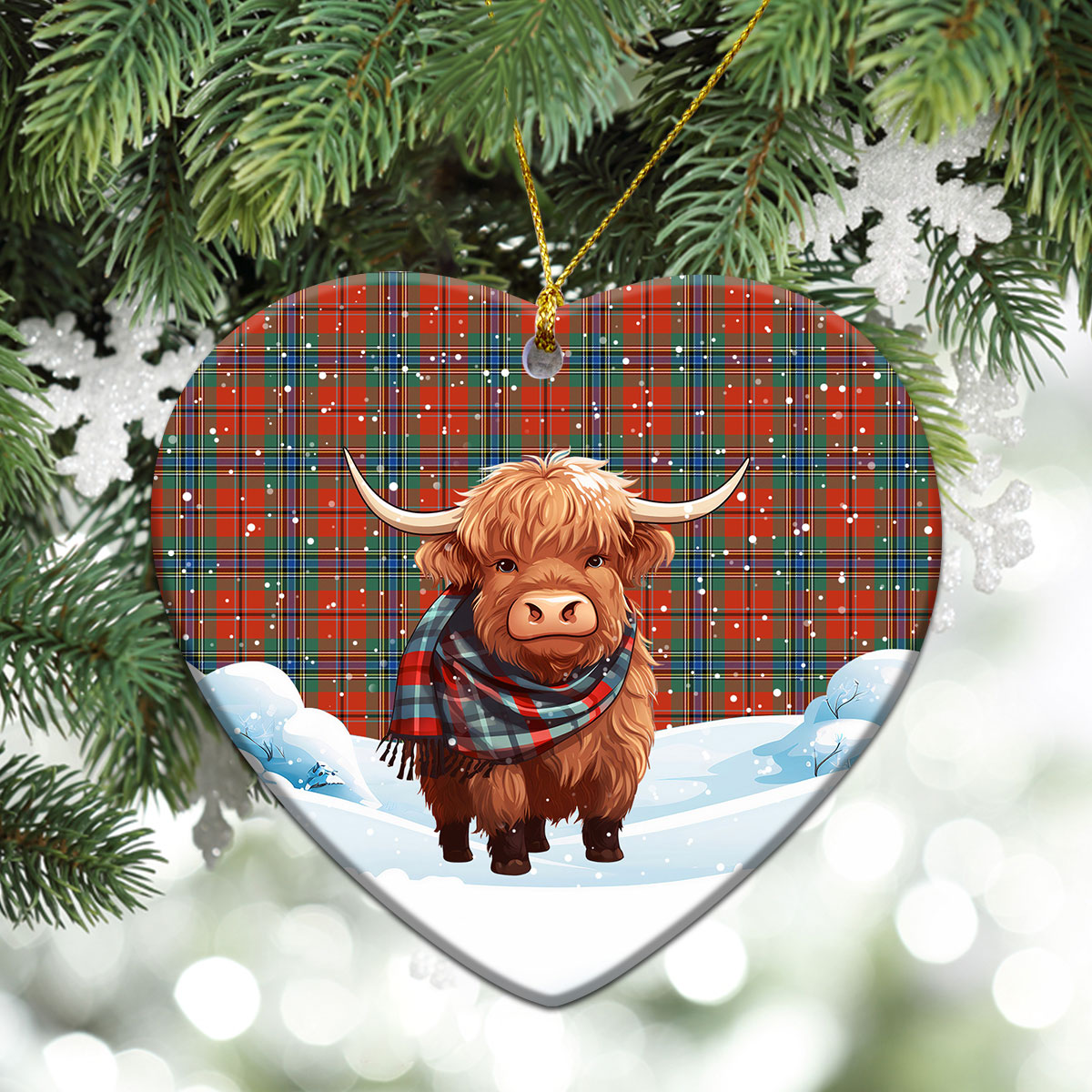 McLean of Duart Ancient Tartan Christmas Ceramic Ornament - Highland Cows Snow Style