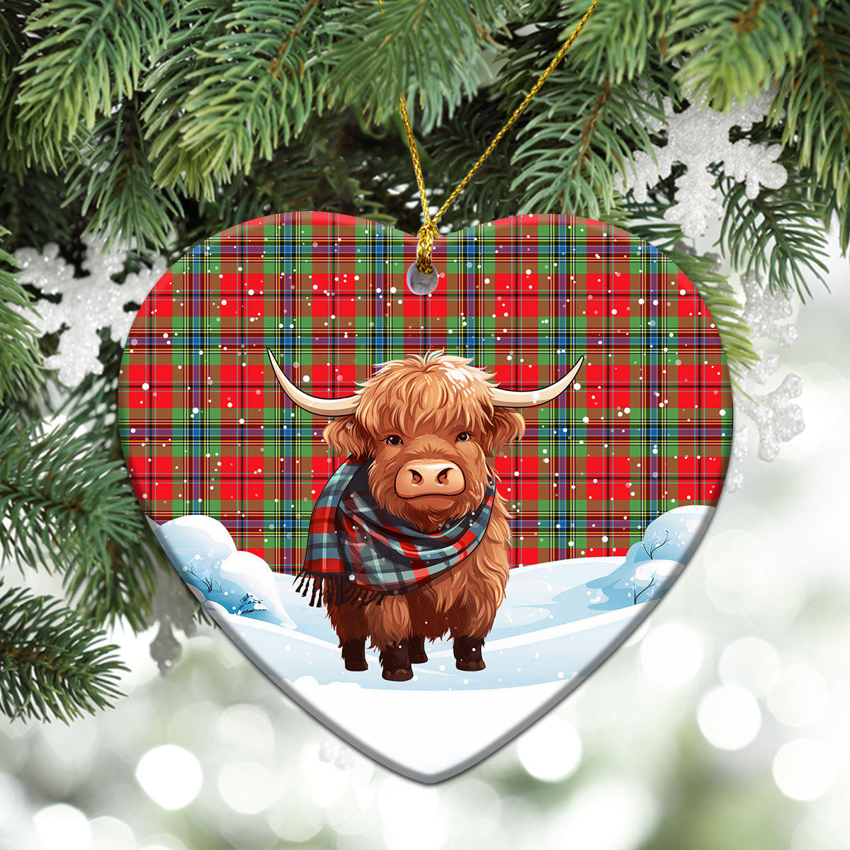 McLean of Duart Modern Tartan Christmas Ceramic Ornament - Highland Cows Snow Style