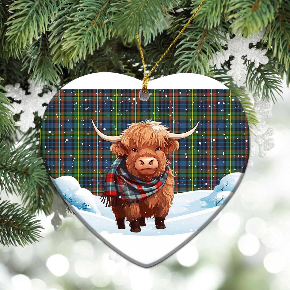 McLellan Ancient Tartan Christmas Ceramic Ornament - Highland Cows Snow Style