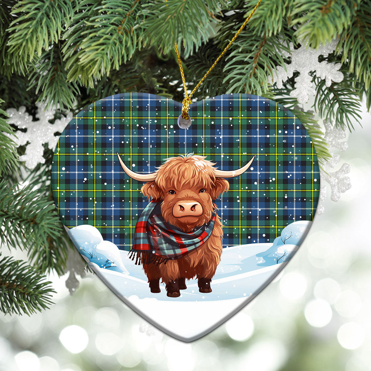 McNeil of Barra Ancient Tartan Christmas Ceramic Ornament - Highland Cows Snow Style