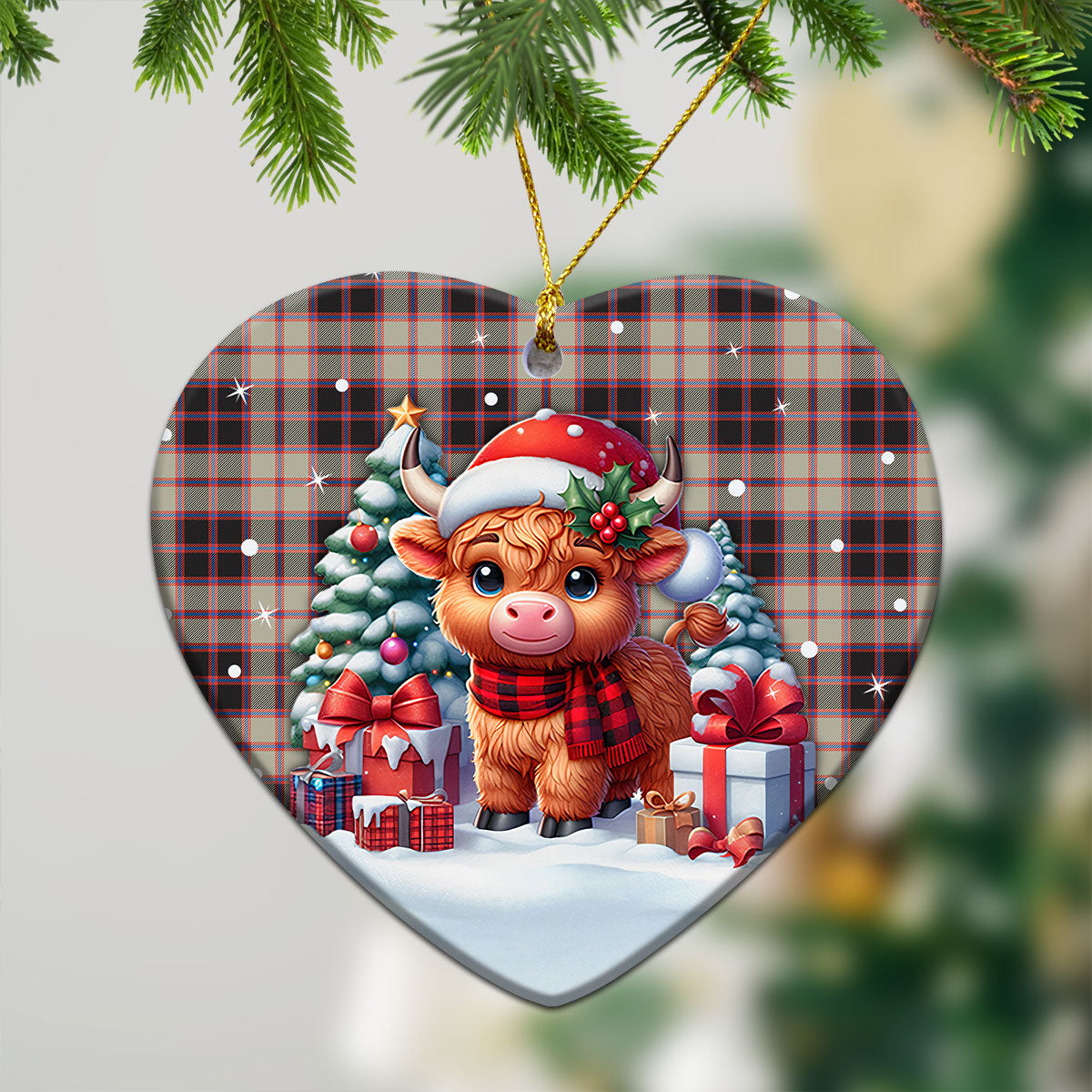 McPherson Hunting Ancient Tartan Christmas Ceramic Ornament - Highland Cow Winter Style