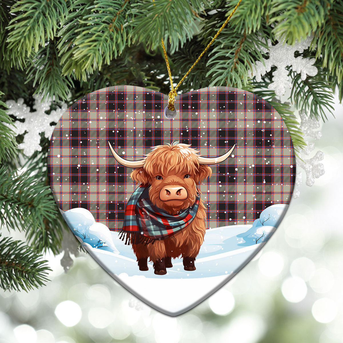 McPherson Hunting Ancient Tartan Christmas Ceramic Ornament - Highland Cows Snow Style