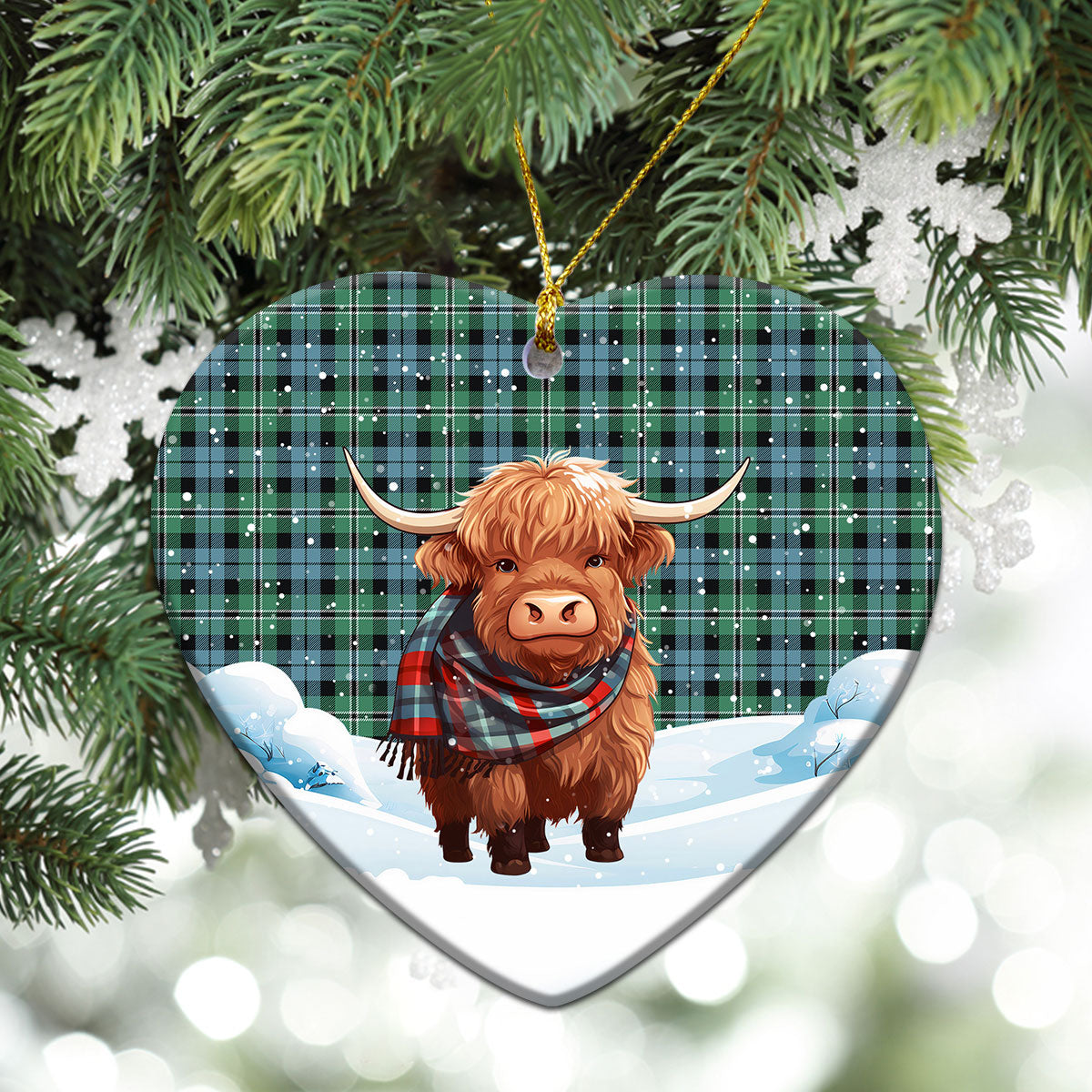 Melville Tartan Christmas Ceramic Ornament - Highland Cows Snow Style