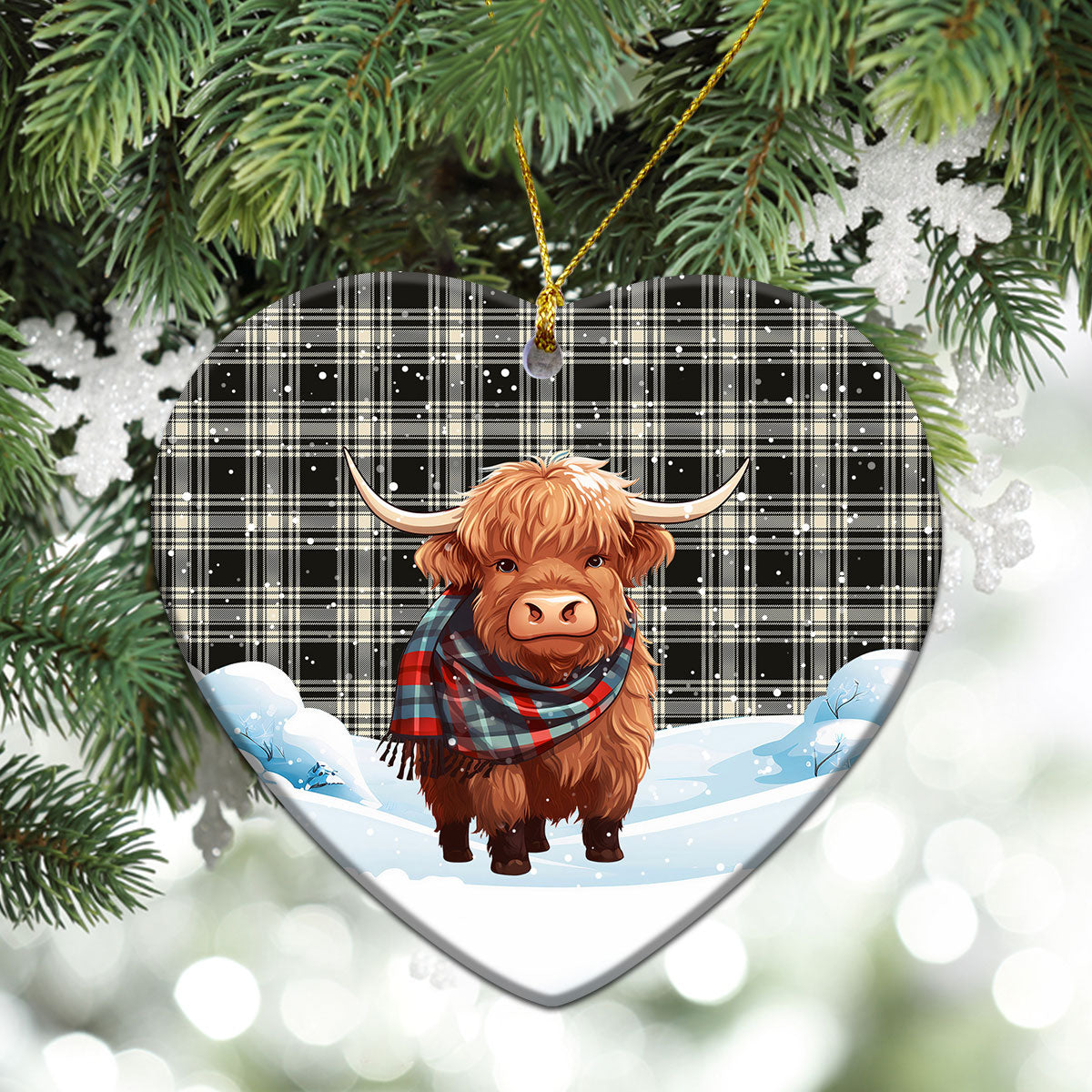 Menzies Black - White Ancient Tartan Christmas Ceramic Ornament - Highland Cows Snow Style