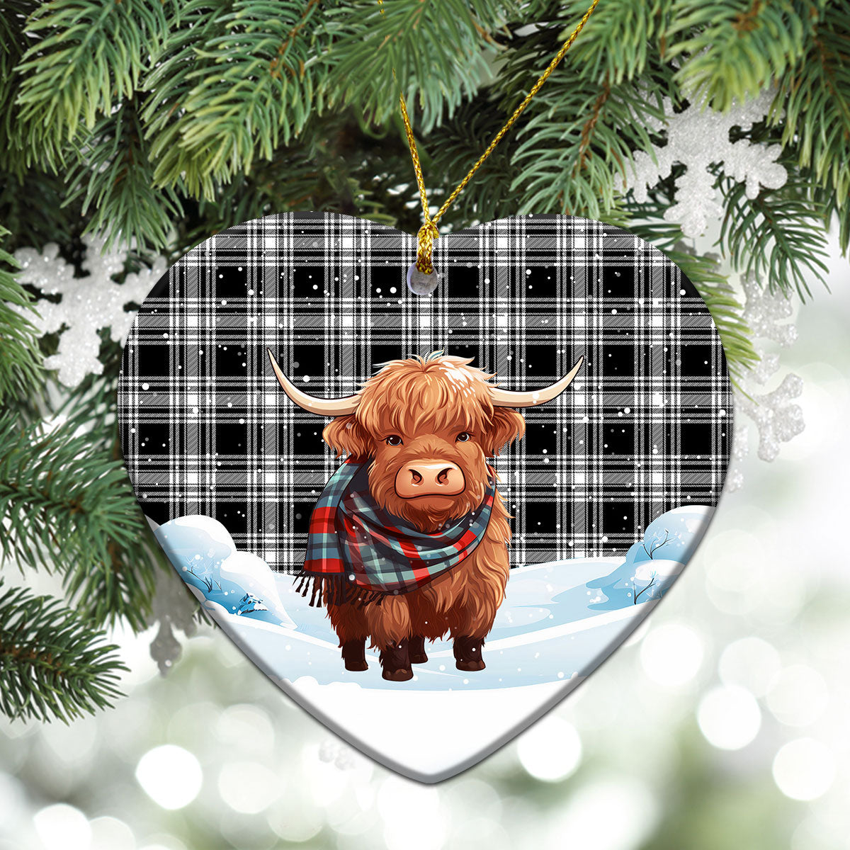 Menzies Black - White Modern Tartan Christmas Ceramic Ornament - Highland Cows Snow Style