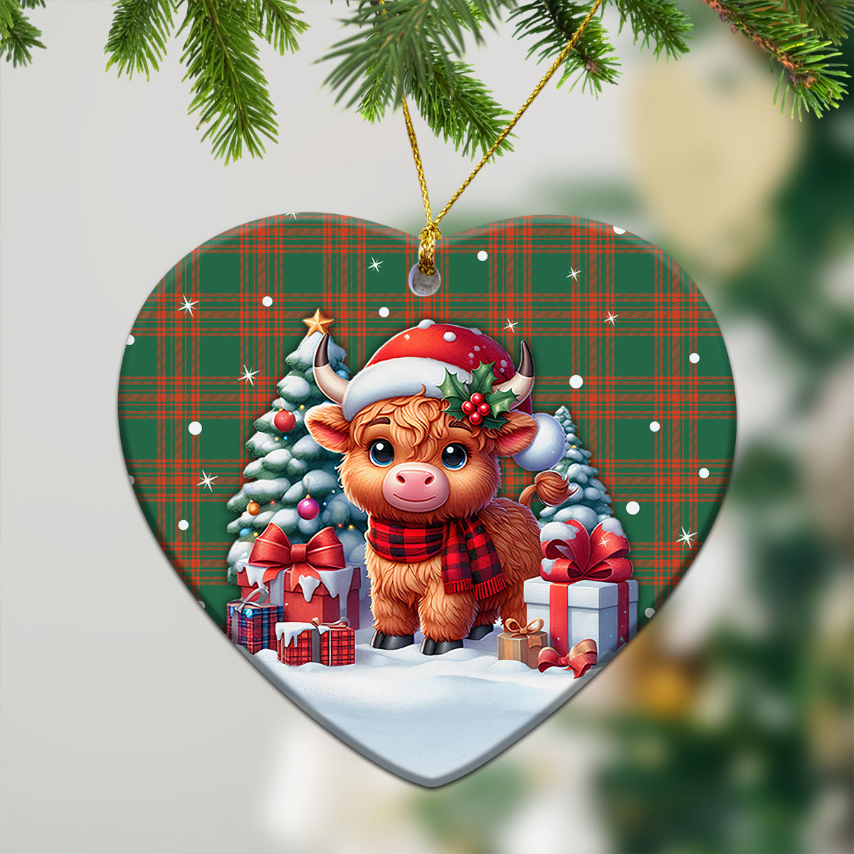 Menzies Green Ancient Tartan Christmas Ceramic Ornament - Highland Cow Winter Style