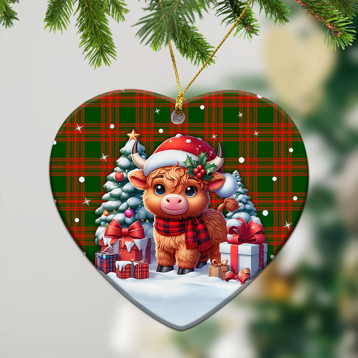 Menzies Green Modern Tartan Christmas Ceramic Ornament - Highland Cow Winter Style