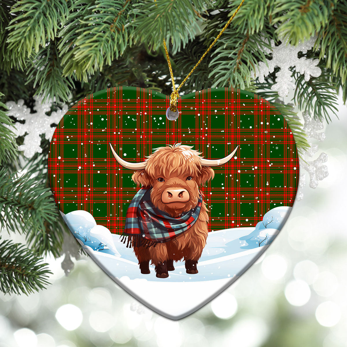 Menzies Green Modern Tartan Christmas Ceramic Ornament - Highland Cows Snow Style