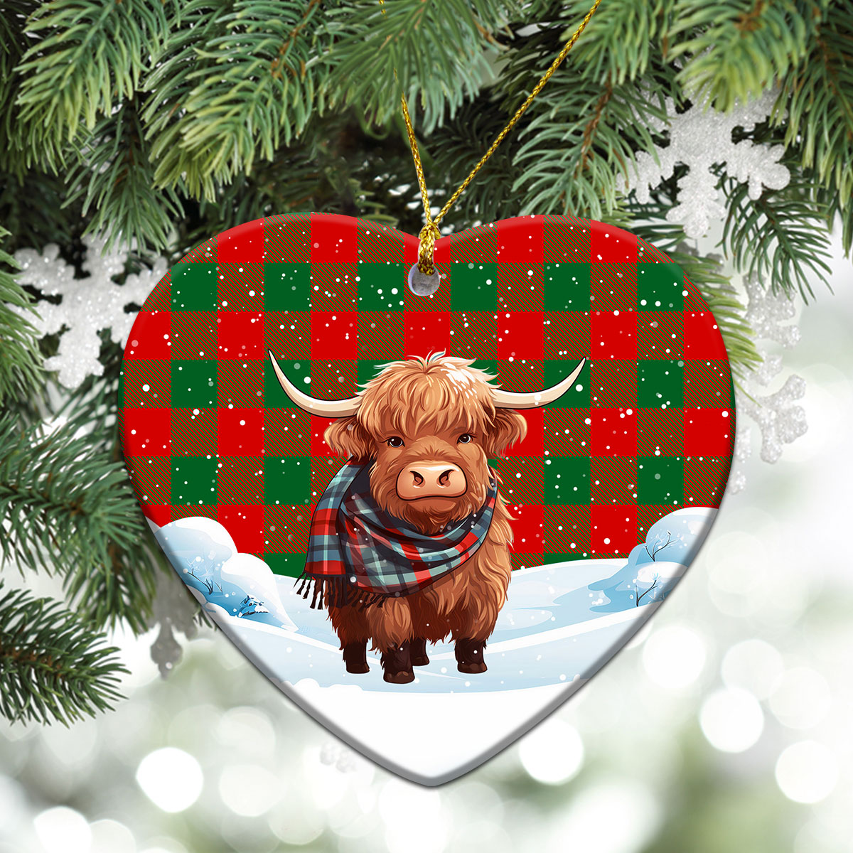 Moncreiffe (or Moncreiff) Tartan Christmas Ceramic Ornament - Highland Cows Snow Style