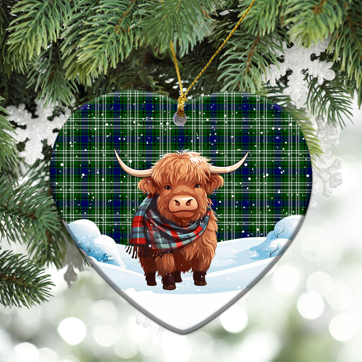 Mow Tartan Christmas Ceramic Ornament - Highland Cows Snow Style