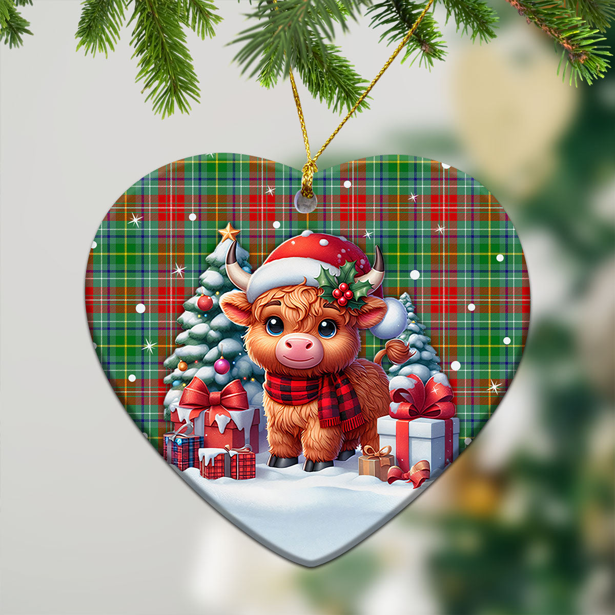 Muirhead Tartan Christmas Ceramic Ornament - Highland Cow Winter Style