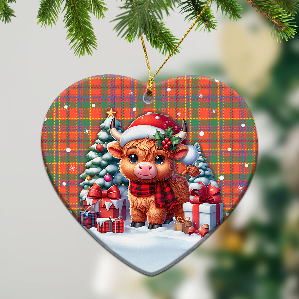 Munro Ancient Tartan Christmas Ceramic Ornament - Highland Cow Winter Style