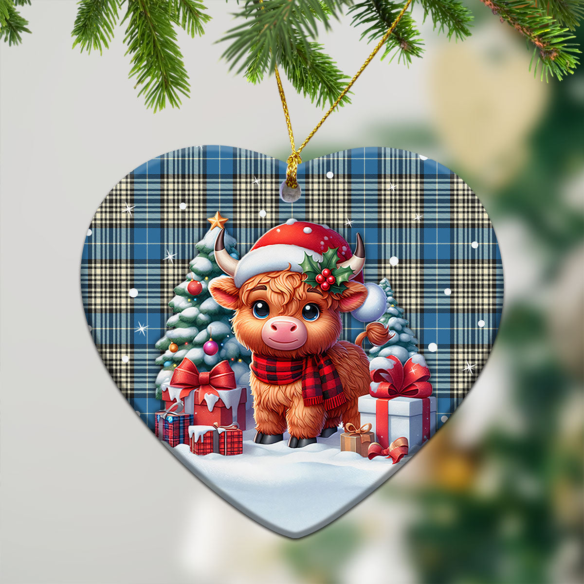 Napier Ancient Tartan Christmas Ceramic Ornament - Highland Cow Winter Style