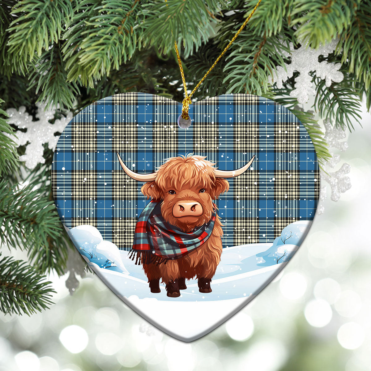 Napier Ancient Tartan Christmas Ceramic Ornament - Highland Cows Snow Style