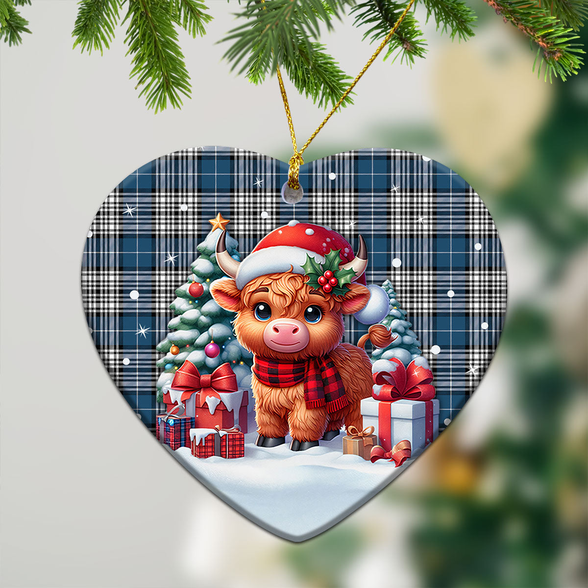 Napier Modern Tartan Christmas Ceramic Ornament - Highland Cow Winter Style