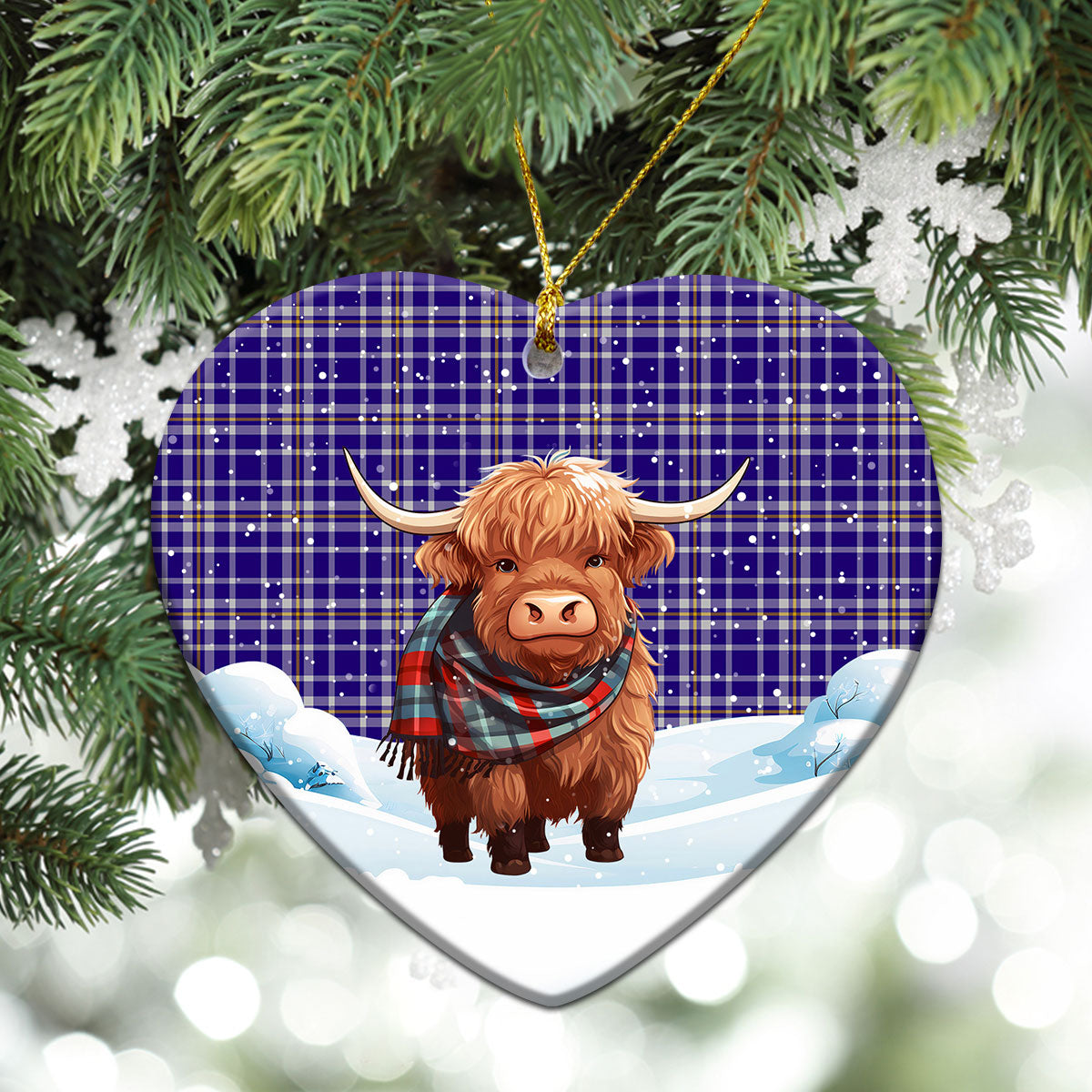 Ochterlony Tartan Christmas Ceramic Ornament - Highland Cows Snow Style