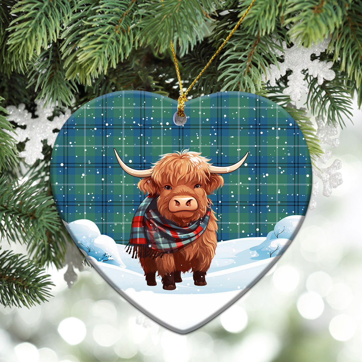 Oliphant Ancient Tartan Christmas Ceramic Ornament - Highland Cows Snow Style